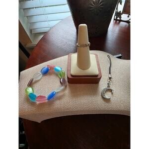 Misc Lot of 3. Bracelet, Charm "C", Adjustable Ring